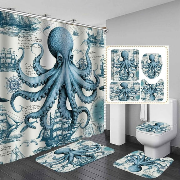 4PCS Navy Blue Sea Turtle Shower Curtain Sets with Rugs, Waterproof White Fabric Shower Curtain, Underwater Ocean Marine Watercolor Coral Reef Sea Plant Beach Coastal Nautical Bathroom Decor