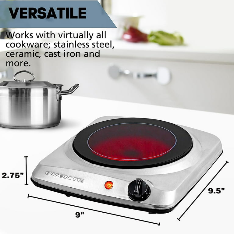 OVENTE Countertop Infrared Single Burner, 1000W Electric Hot Plate with 7”  Ceramic Glass Cooktop, 5 Level Temperature Setting & Easy to Clean Base