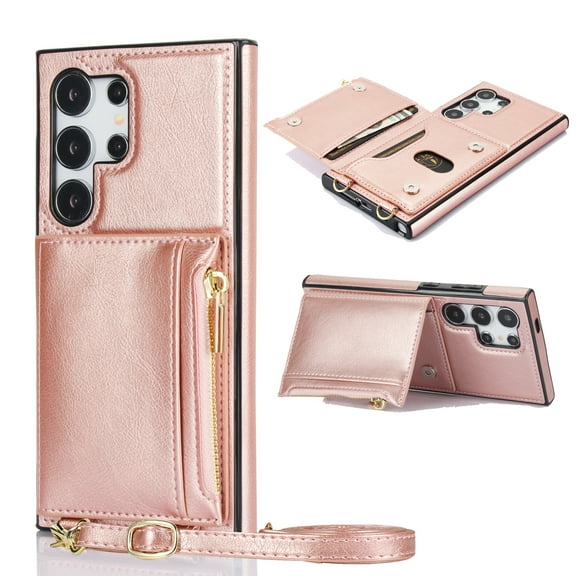 ELEHOLD Wallet Crossbody Case for Samsung Galaxy S24 Ultra,Back Flip Card Slots Zipper Pocket Kickstand Function Shockproof Purse Case with Crossbody Strap,Rosegold