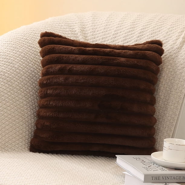 Funda de almohada de felpa de conejo de imitación con tiras verticales de color sólido, funda de cojín sencilla de un solo lado para sofá o dormitorio