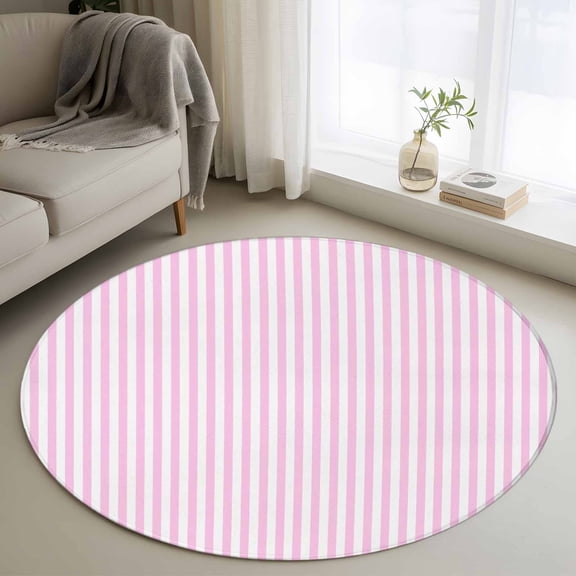 Round Area Rug 4 Ft, Pink White Stripe Washable Non-Slip Circle Carpet for Living Room/Bedroom, Modern Minimalist Geometric Striped Low-Profile Crawling Mats Collection Rugs for Indoor
