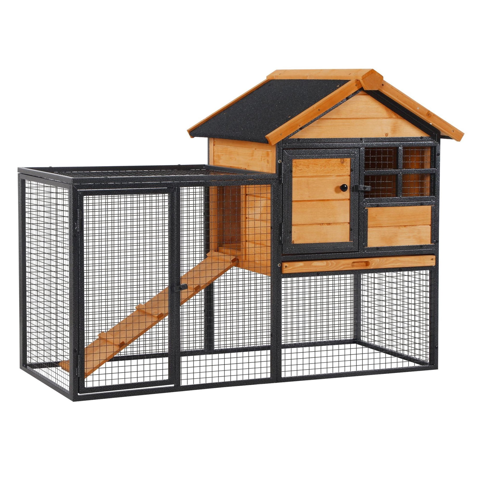 Outdoor Rabbit Cage Elevated Wood Hutch w/ Slide-Out Tray - Bunny Guinea Pig Habitat