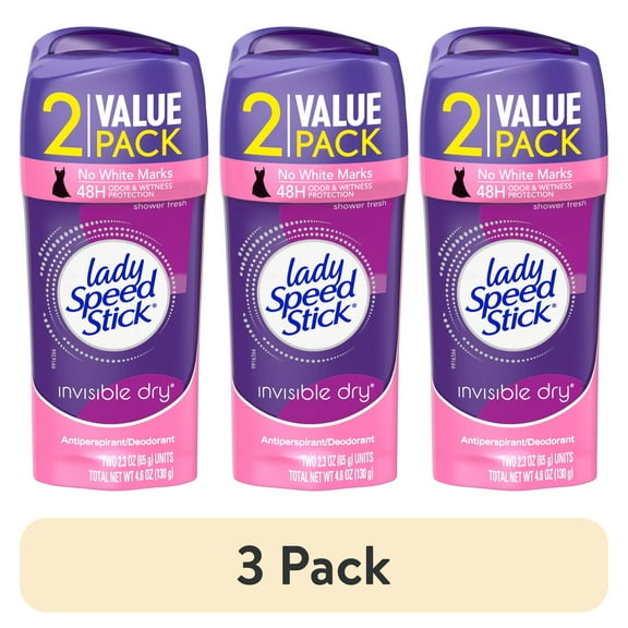 (3 pack) Lady Speed Stick Invisible Antiperspirant Deodorant, Dry, Shower Fresh, 2.3 oz Twin Pack