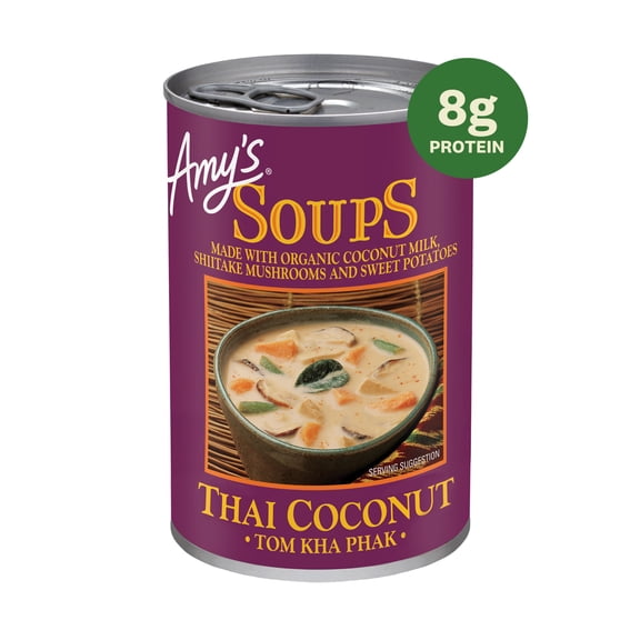 Amy’s Soup, Thai Coconut Soup, Tom Kha Phak Gluten Free, Vegan, Vegetarian, Made With Organic Coconut Milk, Shiitake Mushrooms and Sweet Potatoes, Canned Soup, 14.1 Oz