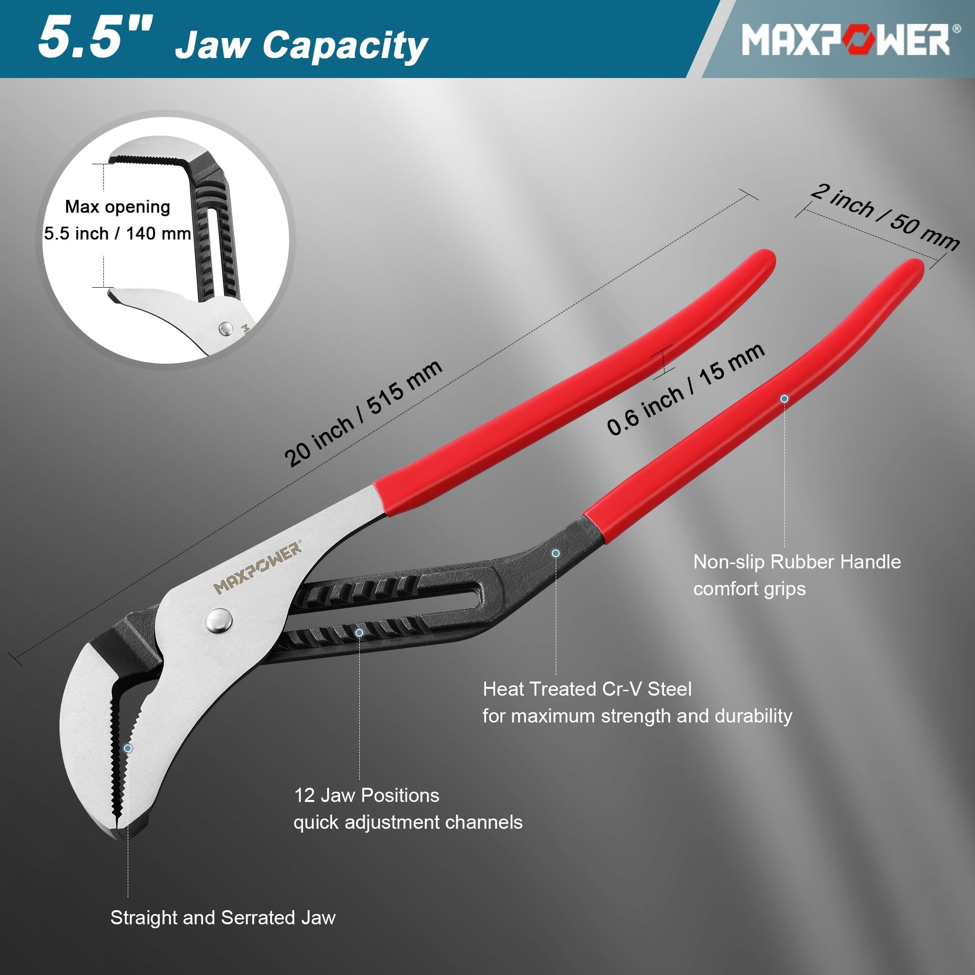MLPJS_⑅﻿ MAXPOWER 20 inch Groove Joint Pliers, 5.5 inch Max Opening