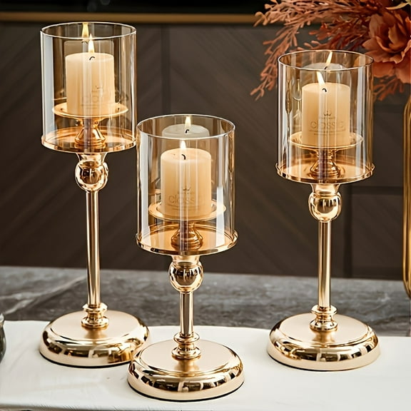3pcs Elegant Golden Metal & Glass Candle Holder Set, Stainless Steel Glass Cover Candlesticks Holders Table Centerpiece for Wedding Party Birthday Christmas Decor(No Candles), Best for Christmas