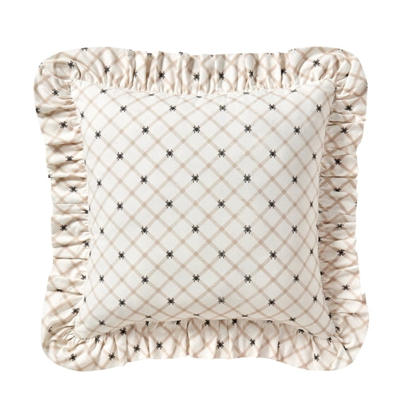 My Texas House Halloween Ivory Plaid Spiders Ruffle Decorative Pillow, 18" x 18"