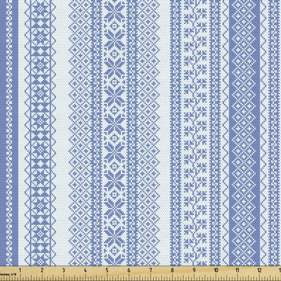 Ambesonne Nordic Fabric by the Yard Upholstery, Geometric Chevron Flower, 5 Yards, Pale Blue and Blue