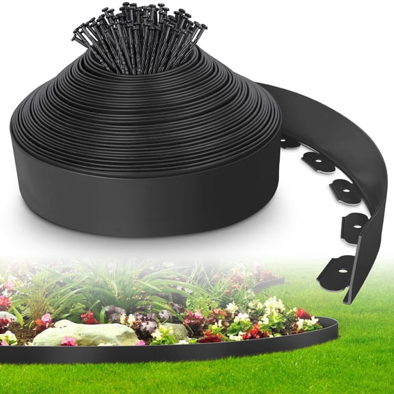 4-Inch x 50 FT Landscape Edging Border with 75 Spikes, Garden Edging Lawn Border Kit, Plastic Edging Border Flexible for Garden Flower Beds Lawn Yard Pathway Paver Edging (Black)
