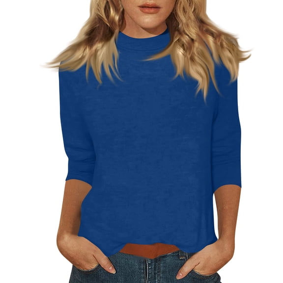 Delconic Women’s Mock Neck Half Sleeve Casual Pullover Top Soft Stretchy Knit Lightweight Solid Basic Shirt for Daily Wear Blue L
