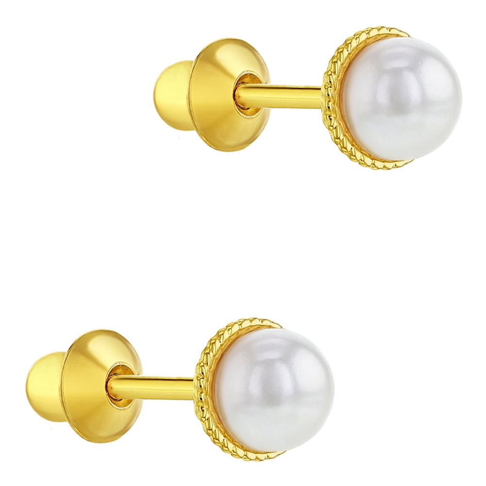 14k Yellow Gold White Simulated Pearl Bezel Screw Back Infant Girls Earrings