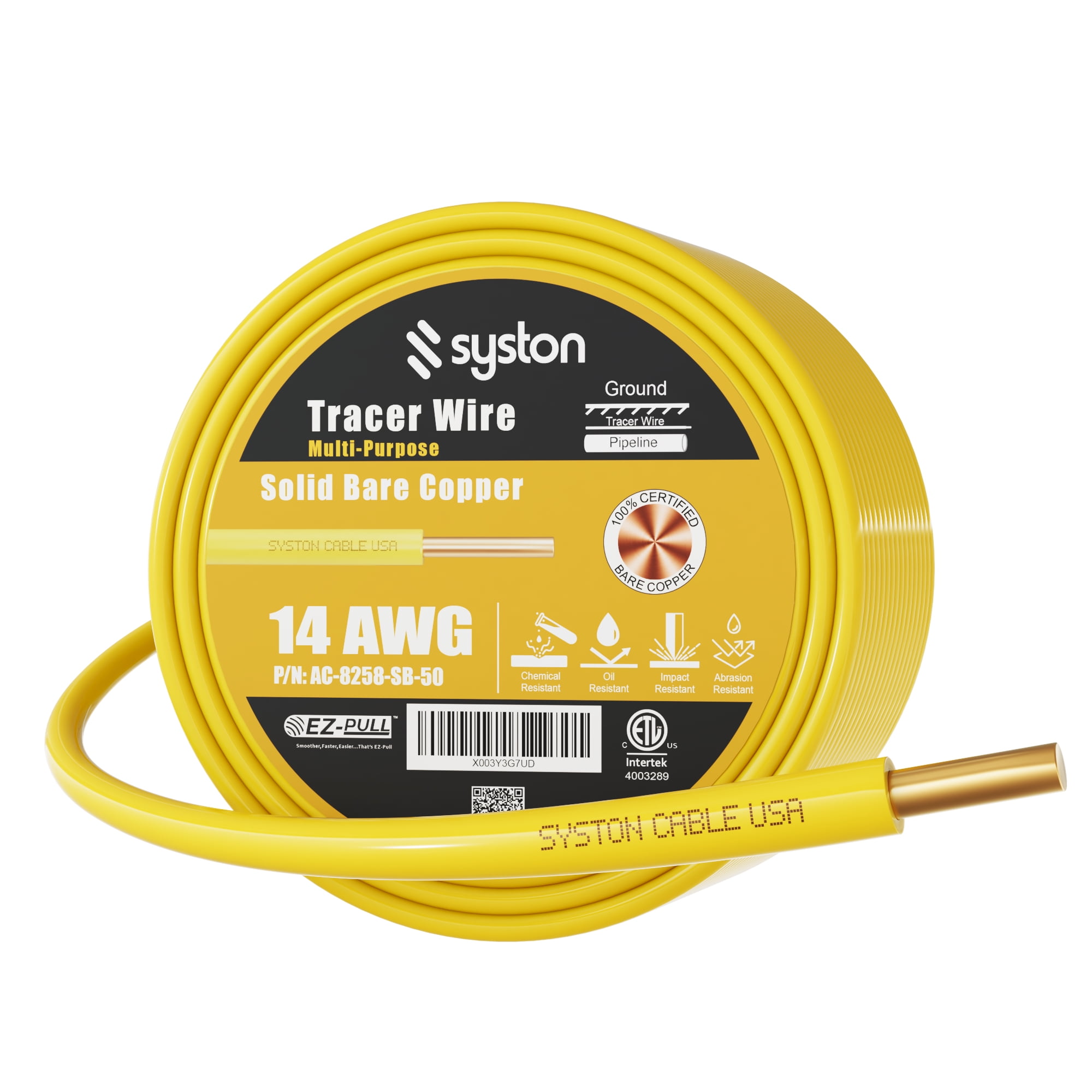 SYSTON CABLE TECHNOLOGY 14 AWG Tracer Wire Direct Burial 600V 1 Solid Bare Copper Conductor, HMWPE Insulation UV Resistant Tracer Wire to Locate Underground Gas Pipelines - Yellow, 250 FT
