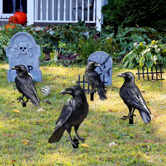 Decoraciones de estacas de Halloween para el patio de cuervos | Adornos exteriores de Black Birds para jardín, fiesta, adorno del árbol, exposición espeluznante de Navidad | Plástico, 11,8x5,9