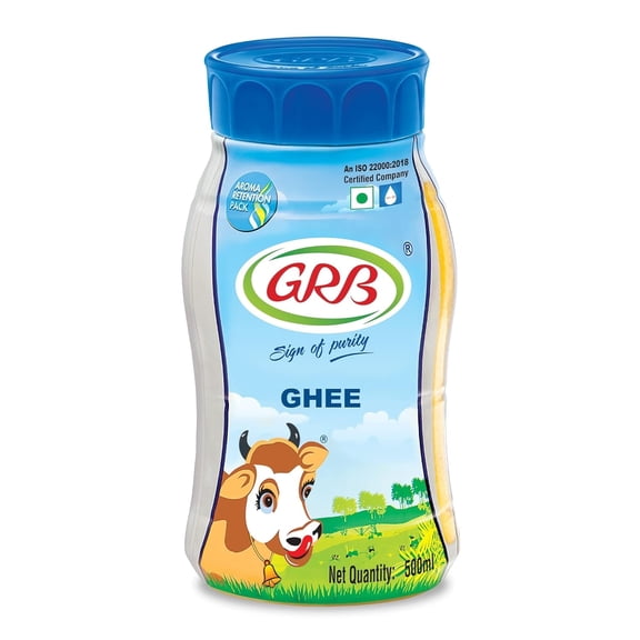 GRB Cow Ghee – Pure Desi Ghee with Rich Aroma & Granular Texture | 100% Cow’s Milk | No Preservatives | ISO 22000 Certified | GMP & HACCP Compliant | Made in India – 500ml