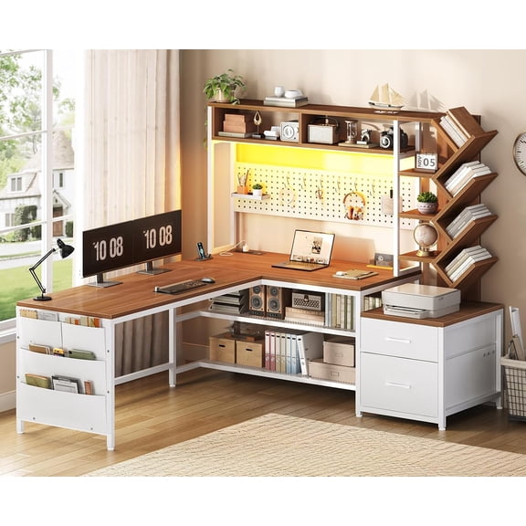 SEDETA L Shaped Gaming Desk with Hutch & Drawers, 97.6" Convertible 2 Person Office Desk with LED Lights, Corner Computer Desk with Power Strip, Tree Bookshelf, File Cabinet, White Brown