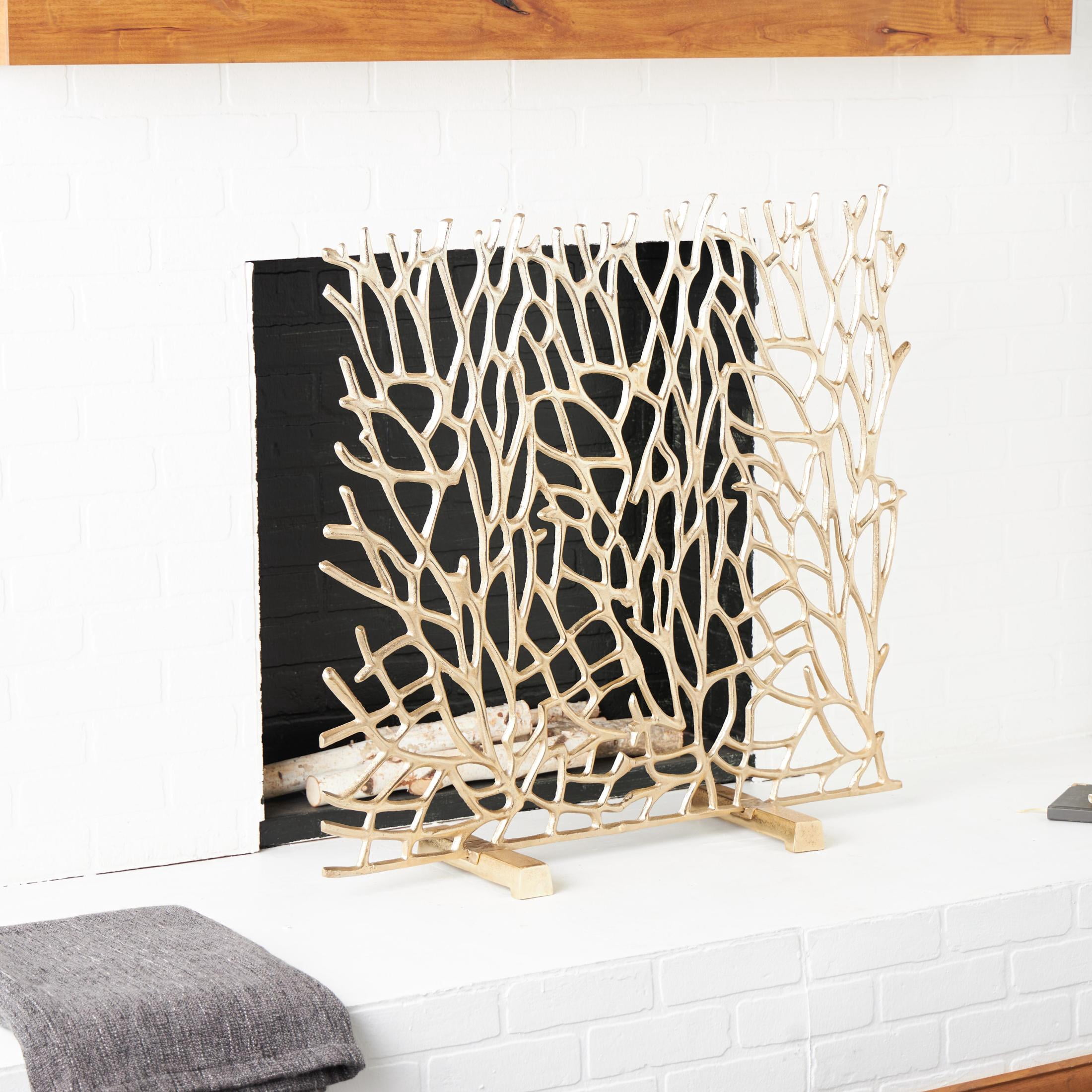 DecMode 35" x 34" Gold Aluminum Metal Coral Inspired Single Panel Abstract Fireplace Screen, 1-Piece