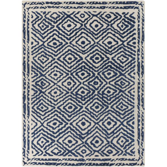 Hauteloom Amesbury Wool Living Room, Bedroom Area Rug - Geometric Diamond Border - Traditional Tribal Moroccan - Navy, Blue, Cream - 2' x 3'