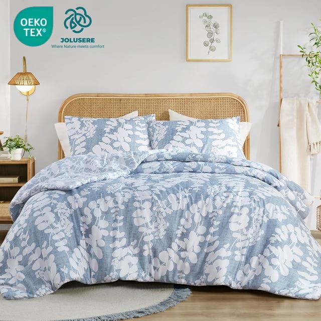 JOLUSERE Duvet Cover Set Queen, 3 Piece White Leaves Printed on Blue Bedding Set Soft Breathable Microfiber Duvet Cover