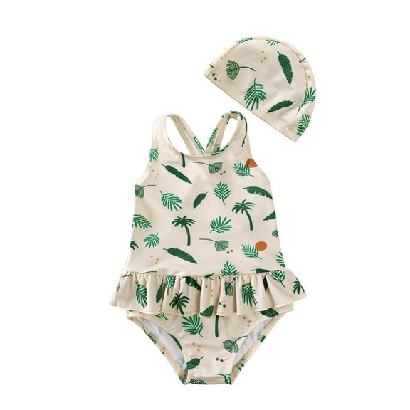 HAYIMI Child Summer Toddler Kids Baby Girl Swimsuit Floral Sleeveless 1 Piece Bathing Suit Monokini O-Neck Swimwear With Hat Soft Beach Swim Wear