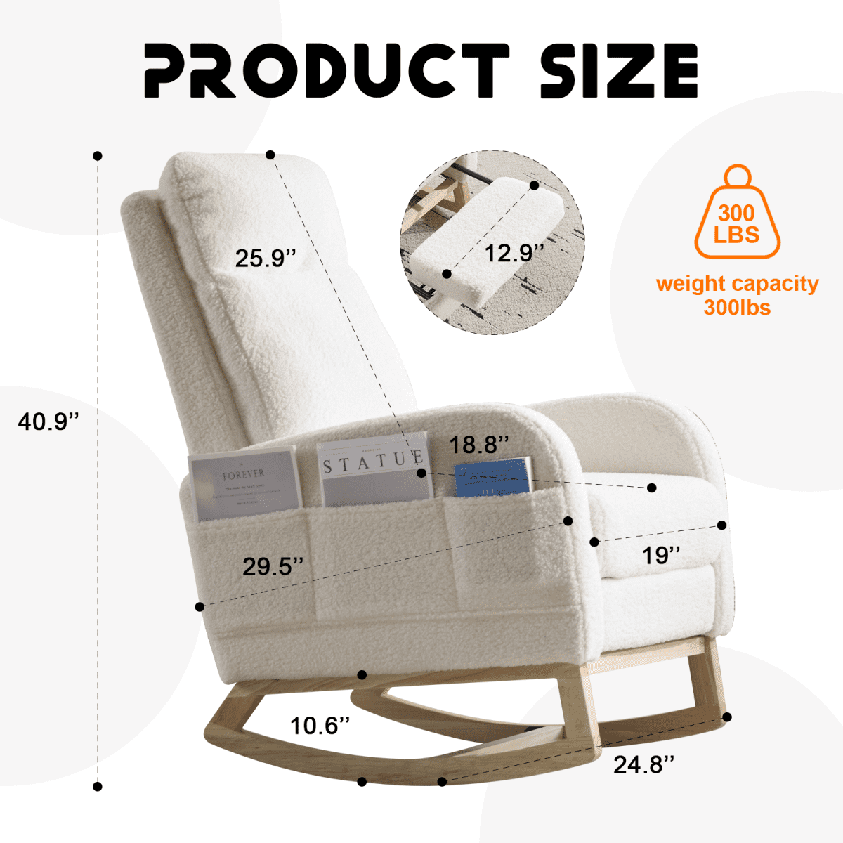 White Teddy Fabric Rocking Chair with Solid Wood Legs & Side Pocket, Upholstered Nursery Glider for Living Room