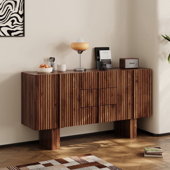 Rophefx 63" Wooden Storage Cabinet,Walnut Wood Sideboard Buffet Cabinet with 3 Drawers & 2 Doors,Modern Fluted Sideboard Console Table for Living Room, Dining Room, Kitchen,Entryway, Hallway