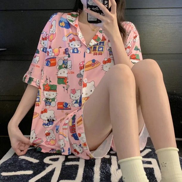 Sanrio-Pijama de Hello Kitty para mujer, traje de manga corta de dibujos animados, ropa de casa, vestido de verano, Cinnamoroll Kuromi Melody