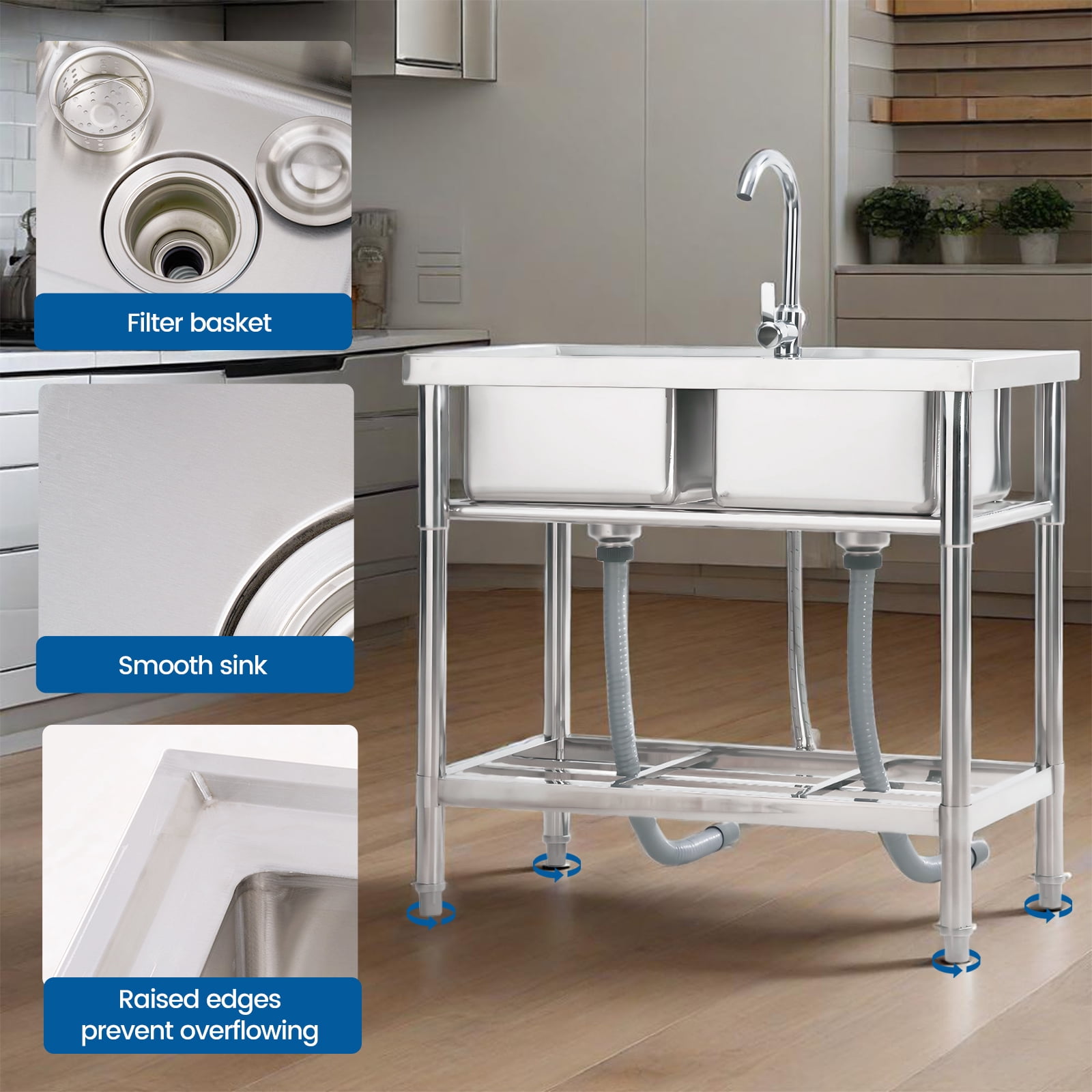 Stainless Steel Utility Sink, with Faucet, Legs, Cold and Hot Water Pipe, Heavy-Duty, Easy to Clean, for Laundry, Kitchen, Garage, Outdoor, Garden