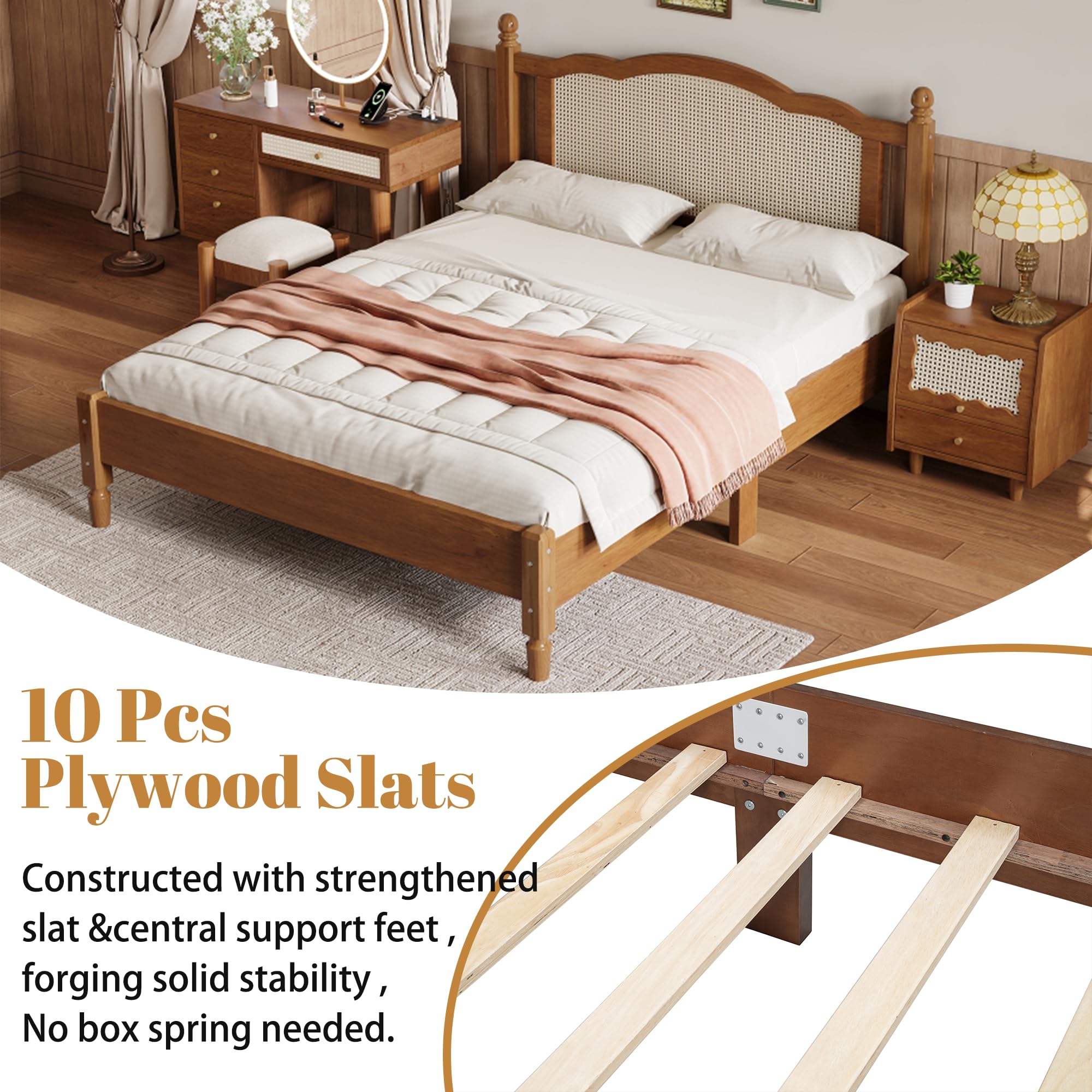 Aukfa Solid Wood Full Size Bed Frame with Natural Rattan Headboard, Walnut