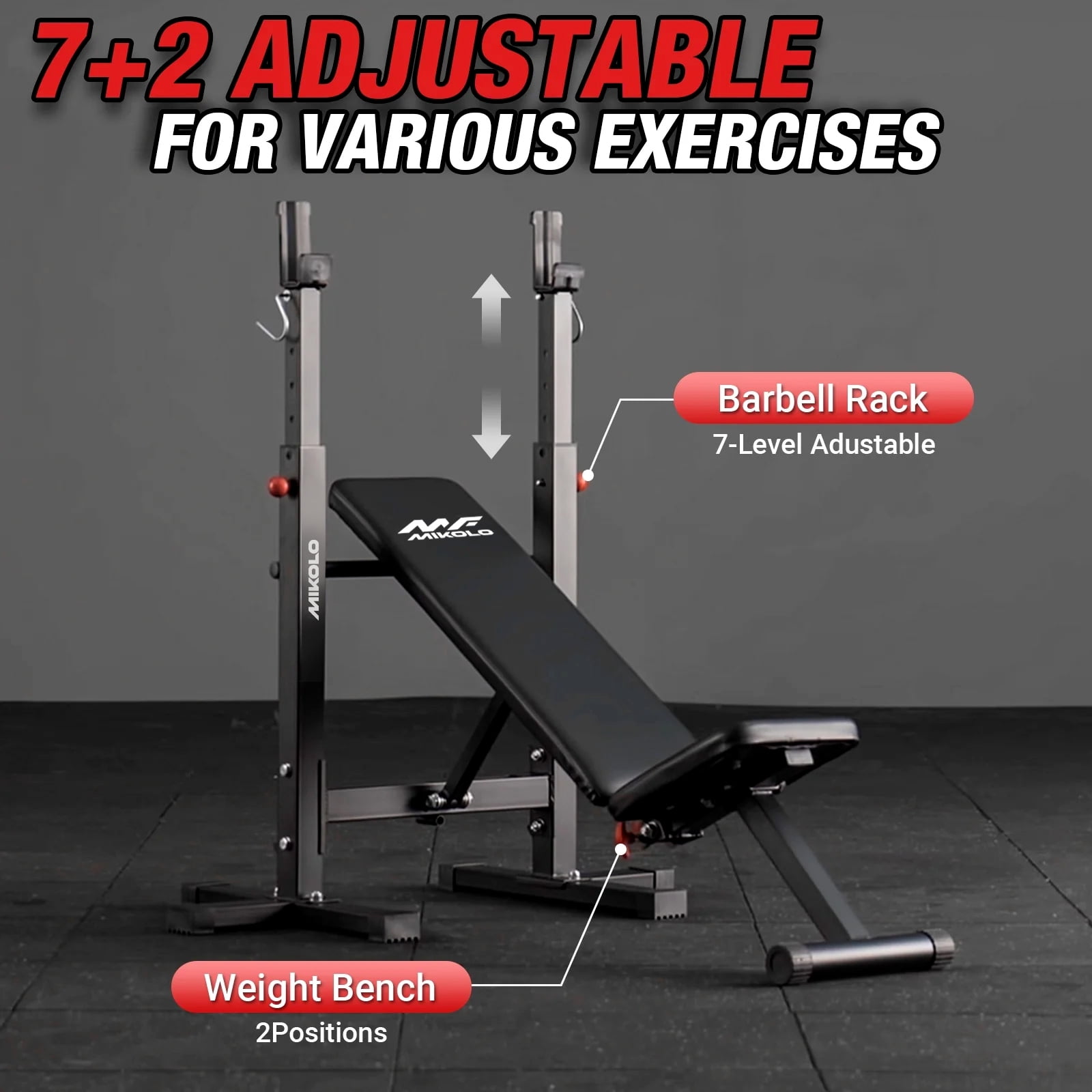 Mikolo Adjustable Weight Bench, 660LBS Foldable Bench Press with Squat Rack, Multi-functional Adjustable Flat Incline Bench for Chest, Shoulder Home Gym Equipment, Black