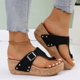 thumbnail image 3 of Rokment Womens Denim Cork Footbed Platform Flip Flops Trendy Casual Leather Buckles Wedge Slip on Thong Dress Backless Sandals Comfortable Walking Slippers Black Size 6.5, 3 of 5