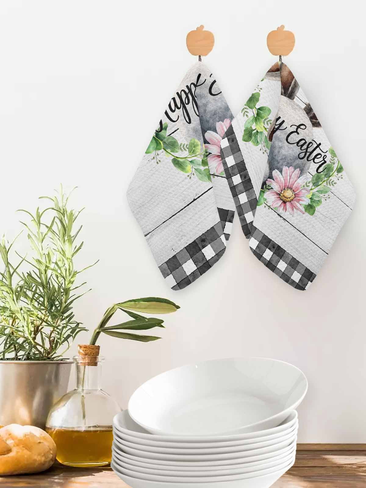 Easter Kitchen Dish Towels for Drying Dishes Set of 3, Spring Watercolor Bunny Flower Leaf Grey Wood Grain Waffle Weave Microfiber Hand Tea Bathroom Towels Quick Dry & Absorbent Towel 12x12