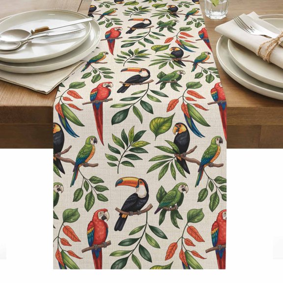 Farmhouse Parrots Table Runner - 72 Inch Long, Kitchen Dining Table Runner Dresser Scarves, Spring Summer Botanical Leaves Burlap Farmhouse Decor for Coffee Tables Wedding Party Banquet
