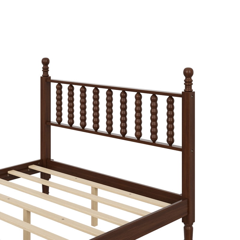 Mid-Century Modern Full Size Wood Platform Bed with Gourd Shaped Headboard, Retro Style Low Profile Bed Frame with Slats Support