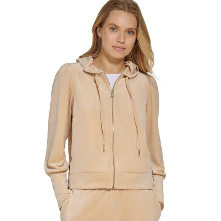 Women's Velour Logo-Tape Zip-Front Hoodie Palamino/Gold L