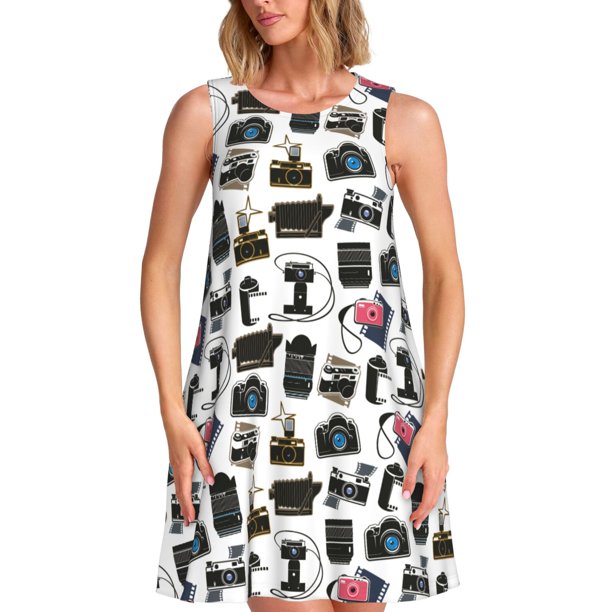 Fotbe Cool Camera Vestido de Verano sin Mangas para Mujer – Vestido Midi Línea A, Estilo Camiseta Floral, Vestido Playero Casual y Fluido
