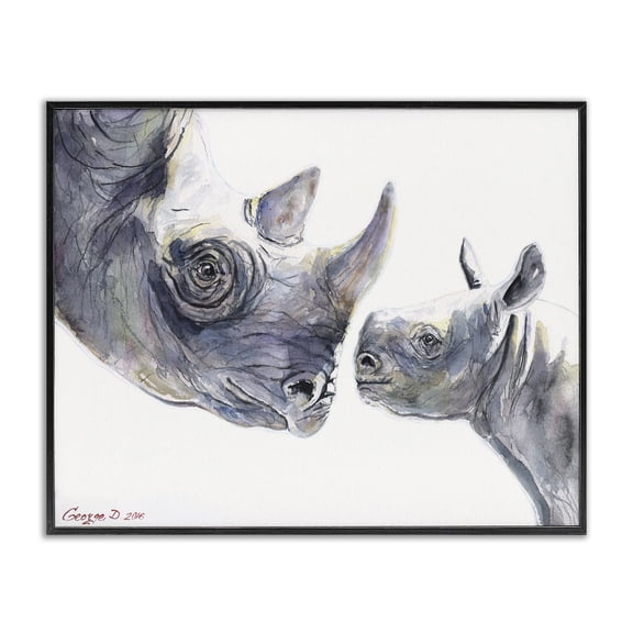 Stupell Industries Traditional Cute Baby Rhino Family Animal Watercolor Black Framed Giclee Art, 14 x 11, by George Dyachenko