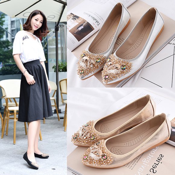 facefd 1 Pair Leisure Time Women Rhinestone Loafers Party Banquet Girls Flat Heel Shoes Ladies Ballet Slides Footwear Gold Size 35