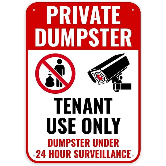 Metal Tin Sign Private Dumpster Sign, 12 x 8 Inches - No Dumping Private Property Video Surveillance Sign
