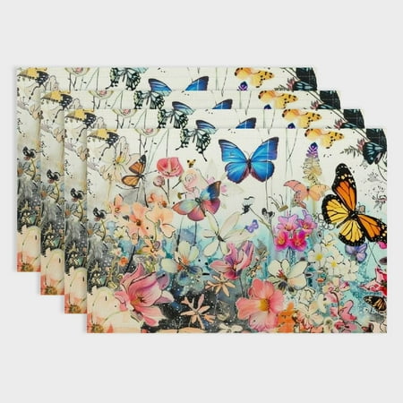 

Fenyluxe 4PCS Flowers Butterflies Whimsical Linen Dining Table Placemats Set for Birthday Parties Christmas Restaurants Home Decoration 18x12in