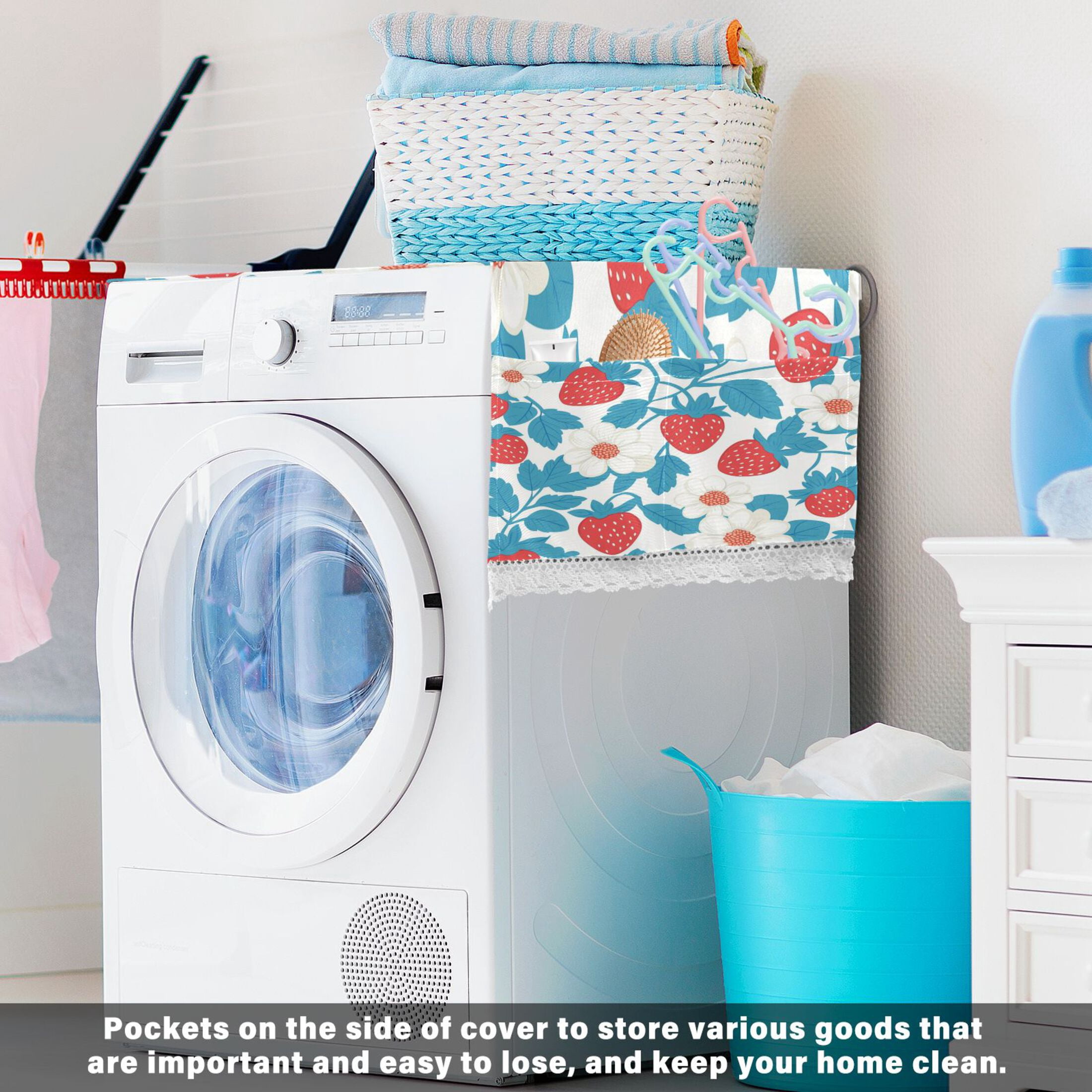 WOBOGO Retro Strawberry and Daisy Pattern Washing Machine Cloth Dryer Refrigerator Top Cover Protective Non-Slip Mat For Kitchen Laundry