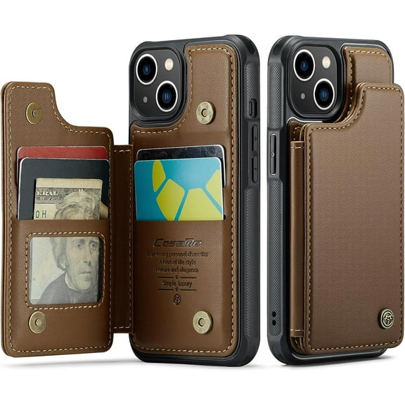 Wallet Case with Card Holder for iPhone 13 6.1 inch, RFID Blocking Flip Case PU Leather Folio Case Kickstand Card Slots Case Magnetic Clasp Cover Shockproof Case for Women and Men - Brown