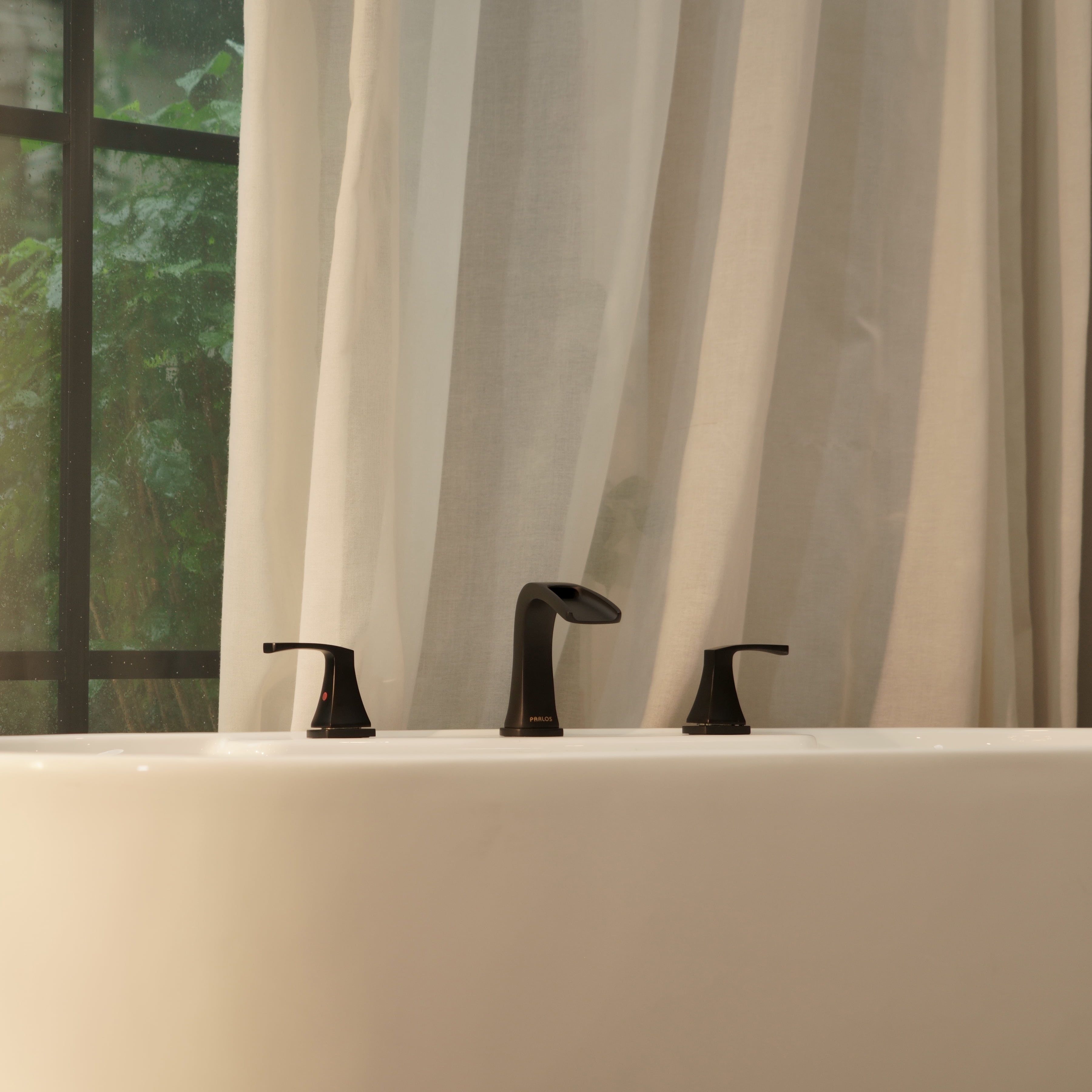 PARLOS Matte Black 2-Handle Widespread Waterfall Roman Bathtub with Hot & Cold Supply Lines