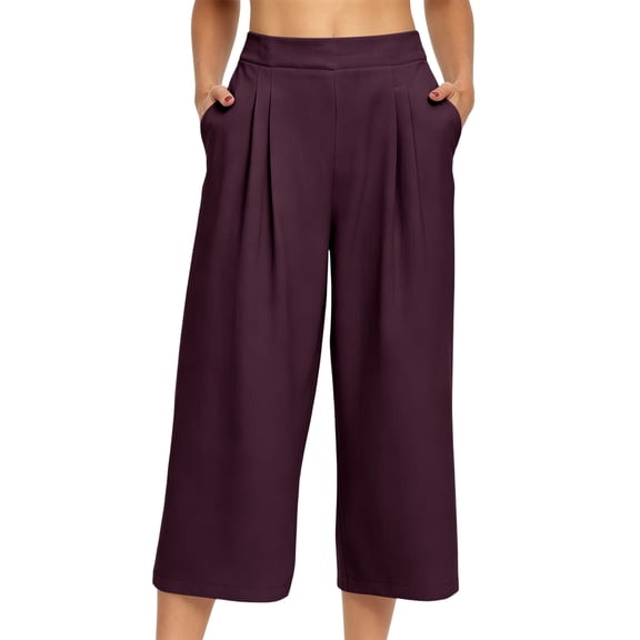 Enjoytime Womens Capri Pants High Waist Pleated Wide Leg Capris Summer Casual Loose Plus Size Pants with Pockets
