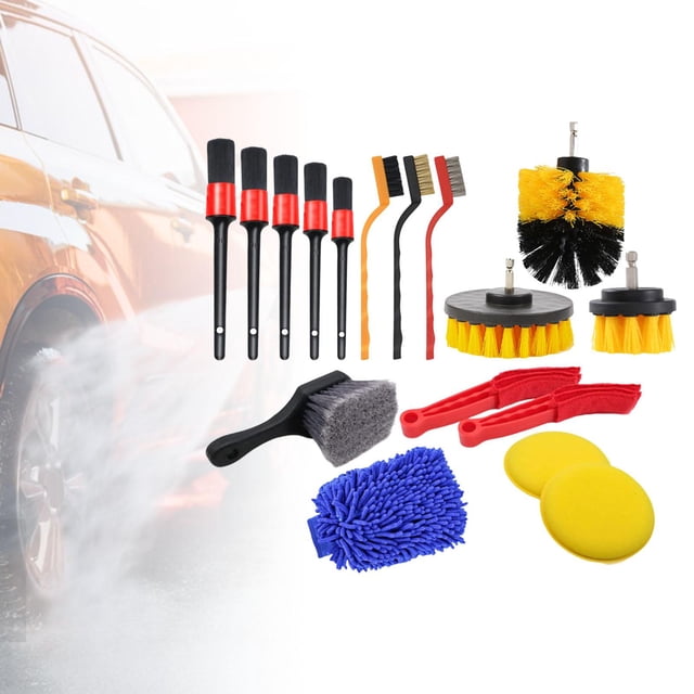 Juego de cepillos para detalles automáticos de 17 Uds., cepillo de línea de limpieza multiusos, cepillo de taladro de microfibra, cepillos de limpieza Amarillo Baoblaze cepillo para detalles de coches