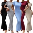 thumbnail image 6 of WBQ Women Dress Medium Round Neck Short Sleeves Maxi Wedding Guest Loose Plain Casual Empire Waist, 6 of 7