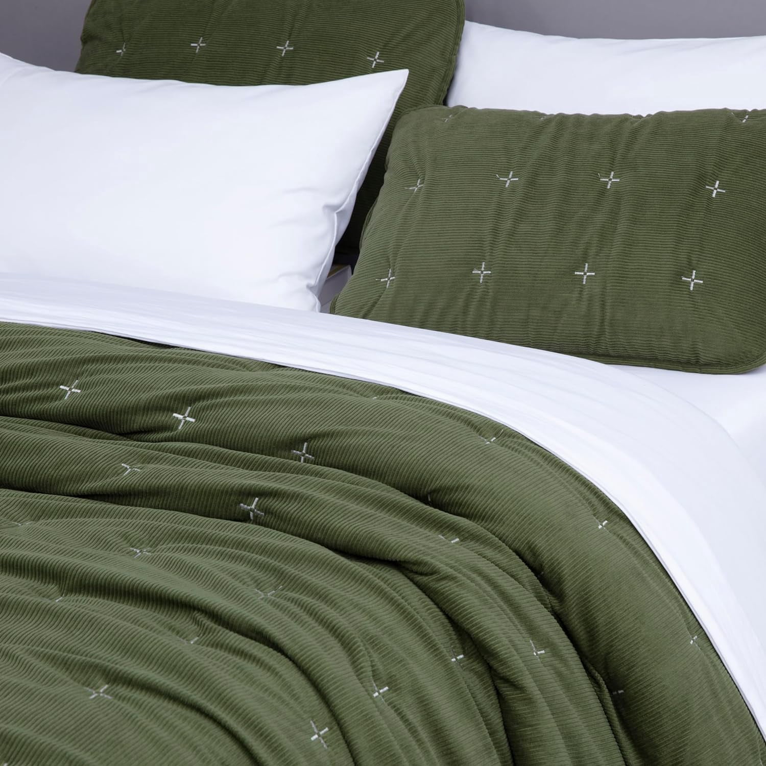 Chezmoi Collection Corduroy King Quilt Set Olive Green, 3-Piece Luxury Soft Cross Stitch Polyester Corduory Lightweight Bedspread, 1 Quilt 106 in x 94 in and 2 Pillow Shams 20 in x 36 in