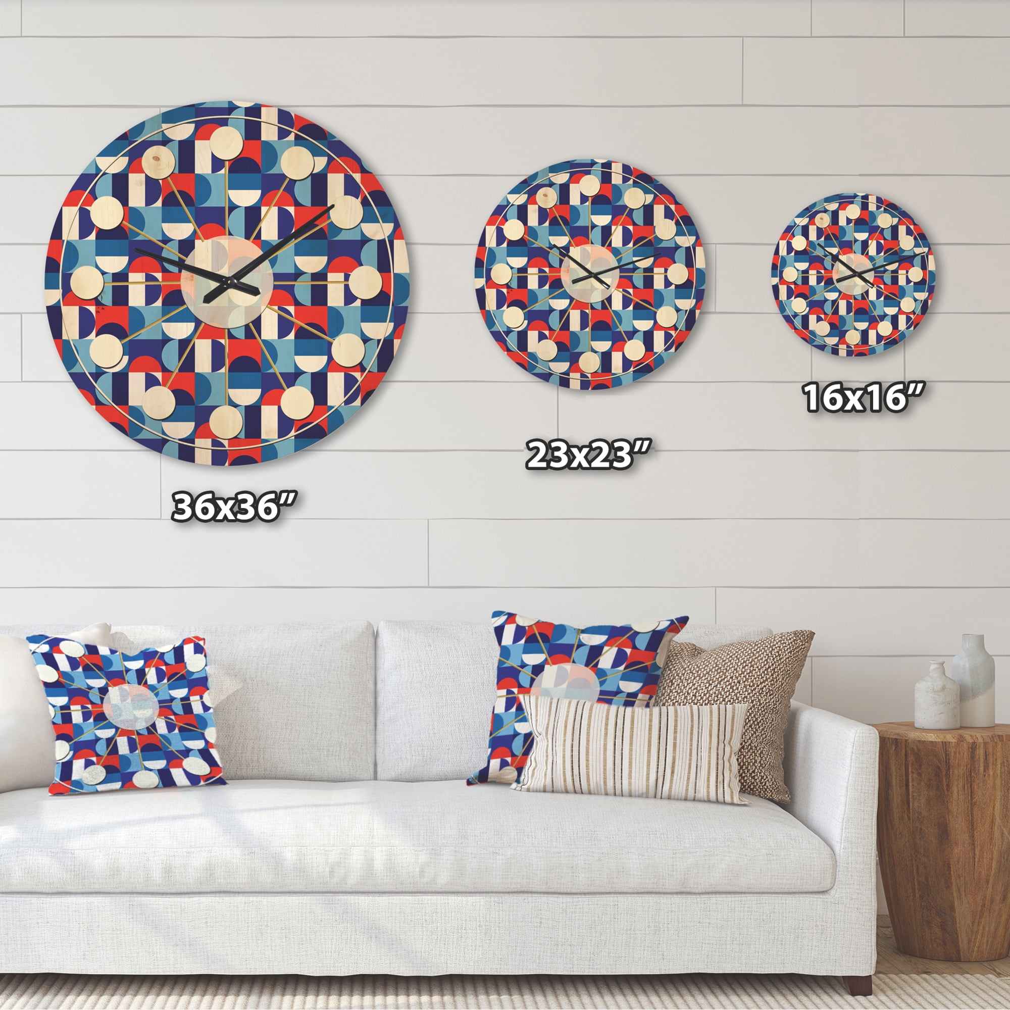 Designart 'Red, Blue & White Polka Dots' Mid-Century Modern Wood Wall Clock