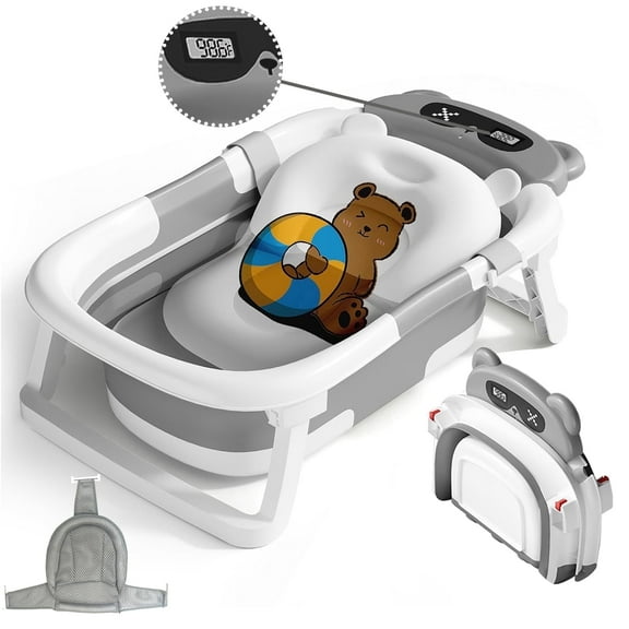stusgo Collapsible Baby Bathtub, Plastic Baby Bath Tub with Soft Cushion & Thermometer(Grey)