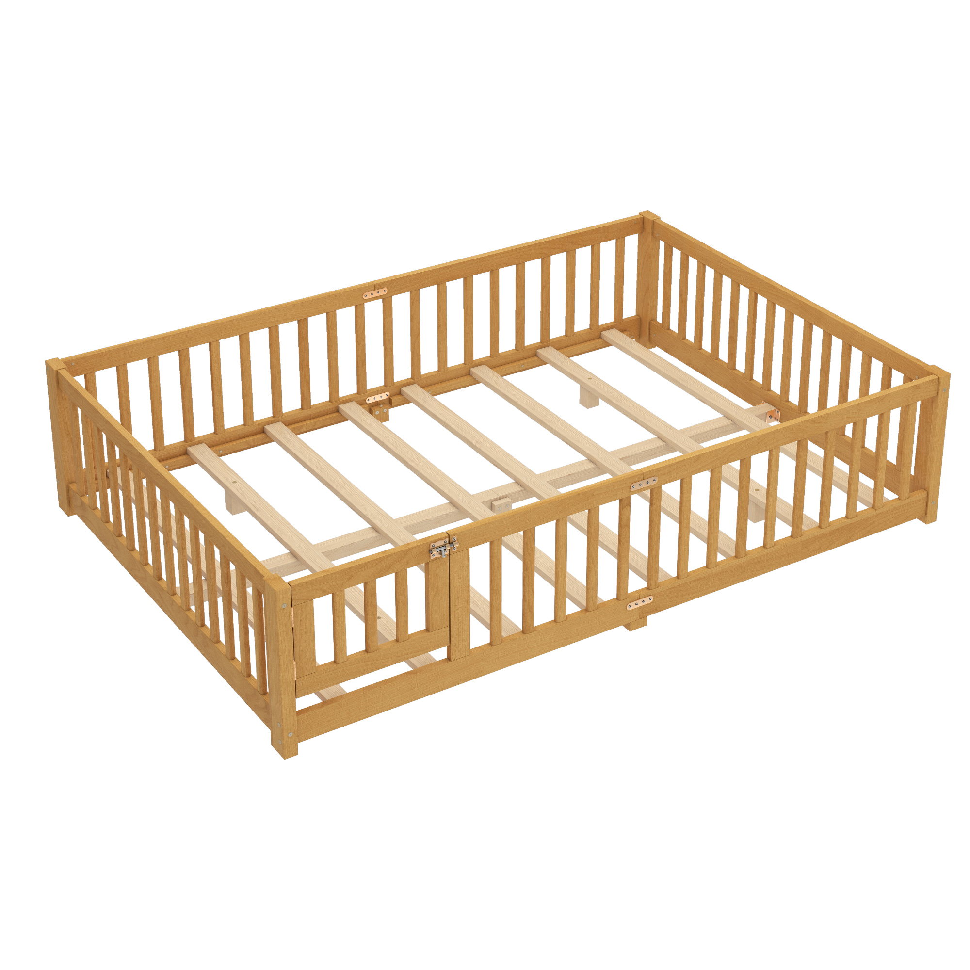 Jopath Queen Size Floor Bed Frame,Montessori Bed with Guardrails and Door,with Slatted Base,for Kids,Boys,Girls,Natural
