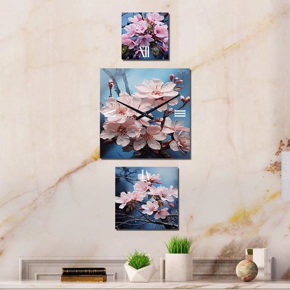 Designart "Heavenly Pink Floral Glow" Rhododendron Extra large Clock For Office Décor - Large Traditional Wall Clock - Oversized Pink Wall Clock - Set Of 3